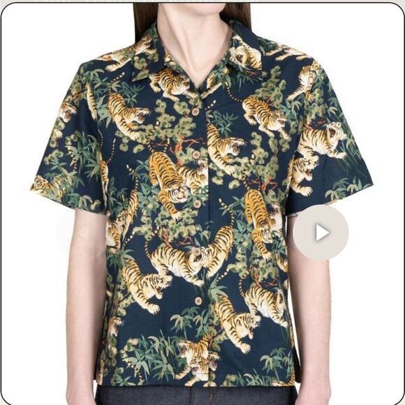 Naked & Famous Canada Japanese Tigers Cotton Camp Collar Shirt Navy - M - Picture 1 of 13